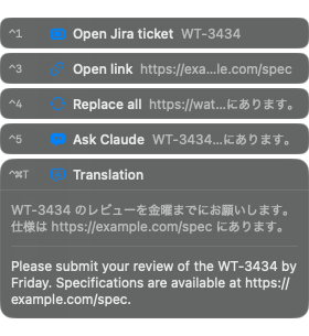 The suggestions in the bottom-right corner: one-line rows for Open Jira ticket, Open link, Replace all and Ask Claude with their ⌃ numbers, and a Translation panel at the bottom showing the original and the translation