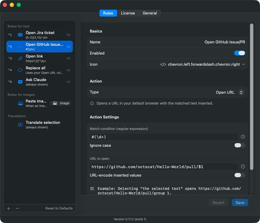 The rule editor showing the Basics, Action and Action Settings sections and an example of the expanded template